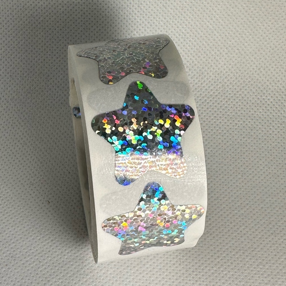 Holographic Silvery Star Stickers Self Adhesive Metallic Glitter Foil 1" - Picture 7 of 10